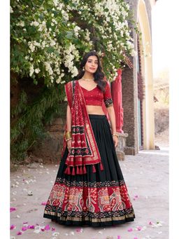 LooknBook Art - Tussar Silk Black Stitched Lehenga with Unstitched Blouse and Dupatta (Set of 3)