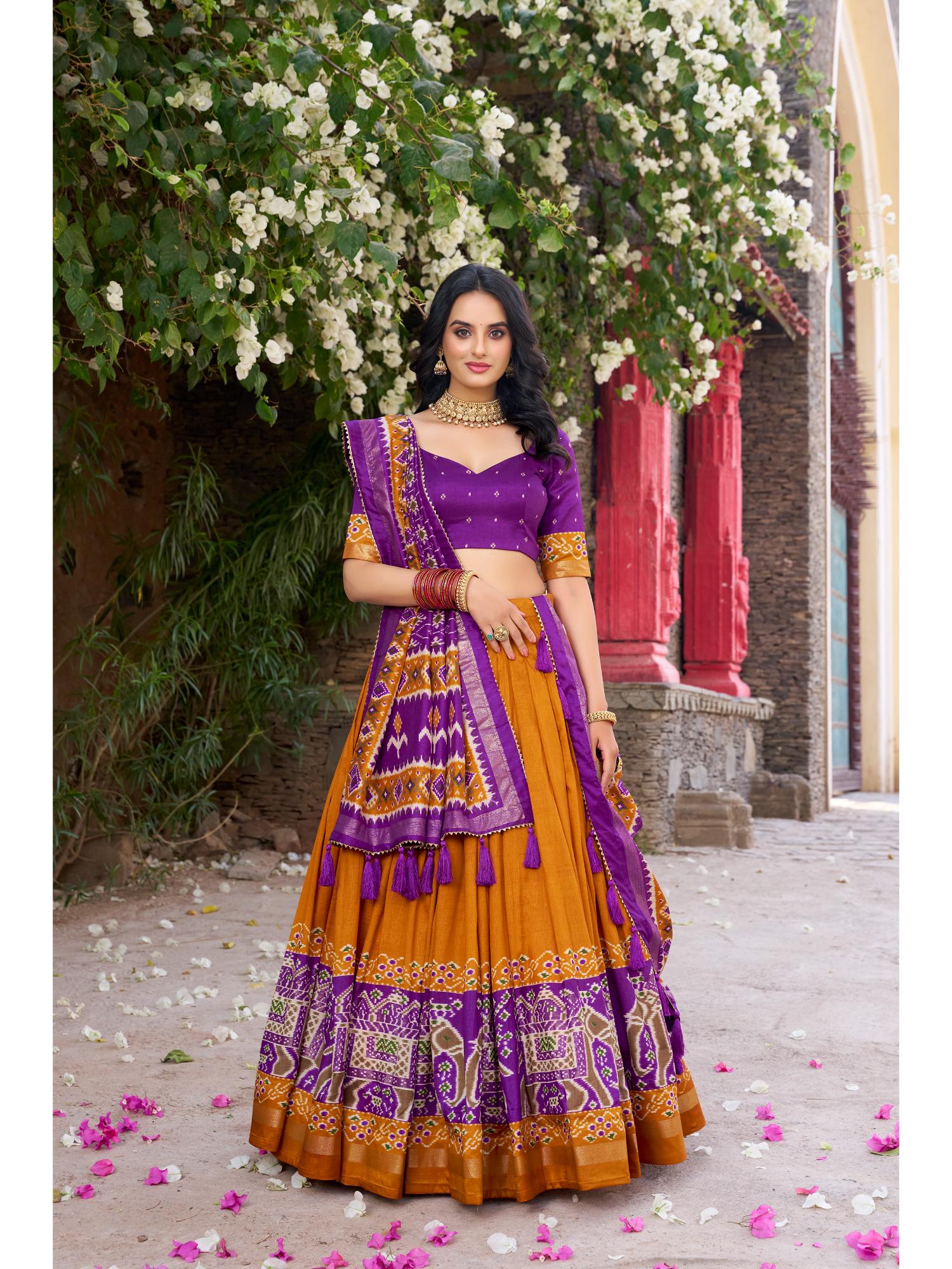 looknbook art Tussar Silk Mustard Stitched Lehenga with Unstitched Blouse and Dupatta (Set of 3)-picture-19