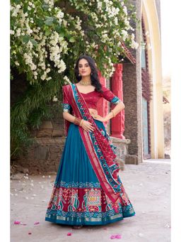 LooknBook Art - Tussar Silk Teal Stitched Lehenga with Unstitched Blouse and Dupatta (Set of 3)