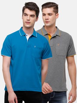 Classic Polo - Men Solid Blue & Grey Cotton Blend Regular Fit Polo T-Shirts (Pack of 2)