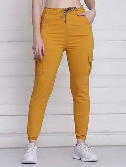 Buynewtrend - Women Yellow Twill Lycra Joggers with Cargo Pocket