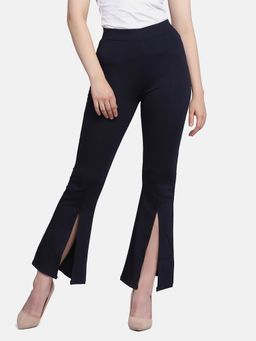 Buynewtrend - Women Navy Lycra Full Length Front Slit Pant