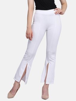 Buynewtrend - Women White Lycra Full Length Front Slit Pant