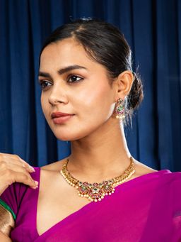 Niscka - 24K Gold Plated Floral Pink Green and White Jewellery Set