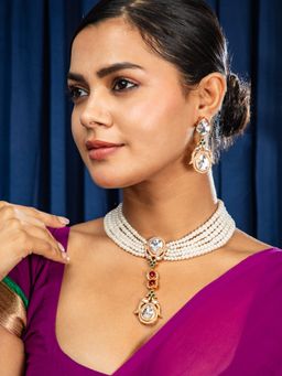 Niscka - 24K Gold Plated Multi Layered Pearl And Kundan Necklace With Earrings