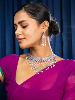 Niscka - Rhodium Plated Pink And White American Diamond Choker Necklace With Earrings