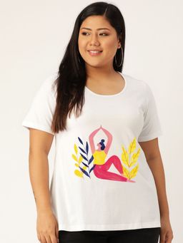 theRebelinme - Plus Size Women White Yoga Graphic Printed Cotton T-Shirt