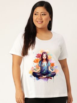 theRebelinme - Plus Size Women White Yoga Graphic Printed Cotton T-Shirt