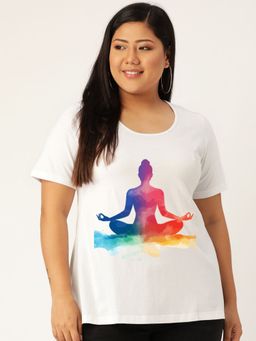 theRebelinme - Plus Size Women White Yoga Graphic Printed Cotton T-Shirt