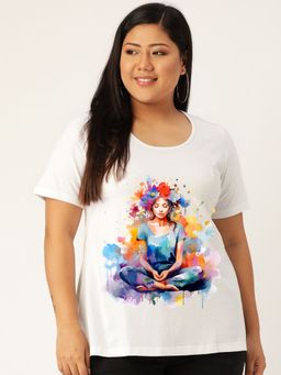 theRebelinme - Plus Size Women White Yoga Graphic Printed Cotton T-Shirt