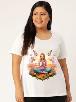 theRebelinme - Plus Size Women White Yoga Graphic Printed Cotton T-Shirt