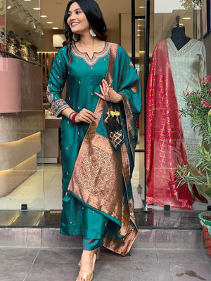 Women's Yellow Roman Silk Straight Kurta with Pant And  Dupatta Sets