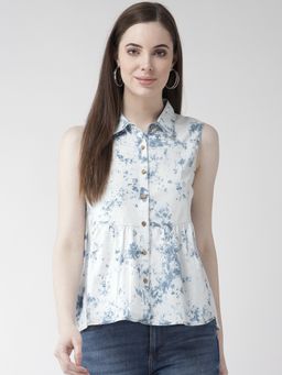 Xpose - Women White & Blue Regular Fit Denim Printed Casual Shirt