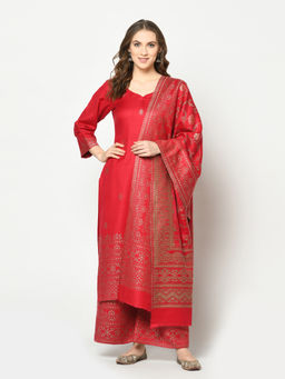 Safaa - Red Self Design Woollen Unstitched Dress Material (Set of 3)