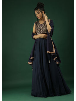 KALKI FASHION - Navy Blue Zari & Sequins Embroidered Choli with Lehenga & Dupatta