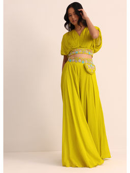 KALKI FASHION - Green Chiffon Resham Work Crop Top & Palazzo