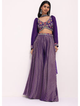 KALKI FASHION - Purple Silk Resham Work Crop Top & Palazzo with Dupatta