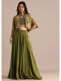 KALKI FASHION - Mehendi Green Embroidered Satin Crop Top & Palazzo with Cape