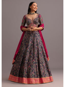 KALKI FASHION - Navy Blue Printed Banarasi Lehenga Choli with Dupatta