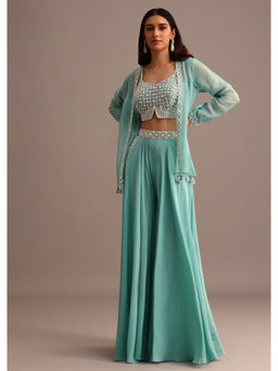 KALKI FASHION - Blue Embellished Crop Top Palazzo with Organza Jacket