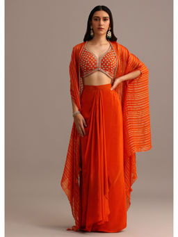 KALKI FASHION - Orange Embroidered Crop Top Skirt & Chanderi Jacket