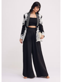 KALKI FASHION - Black Pintuck Crop Top Palazzo with Blazer Style Jacket