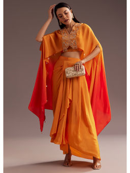 KALKI FASHION - Orange Zardozi Moti Crop Top & Skirt with Cape