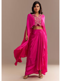 KALKI FASHION - Rani Pink Zardozi Moti Crop Top & Skirt with Cape