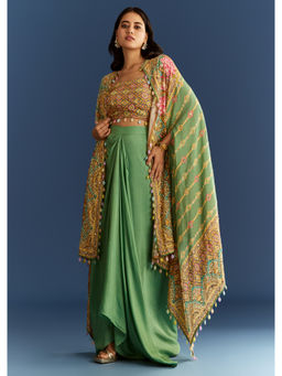 KALKI FASHION - Light Green Cotton Muslin Printed Crop Top with Skirt & Cape