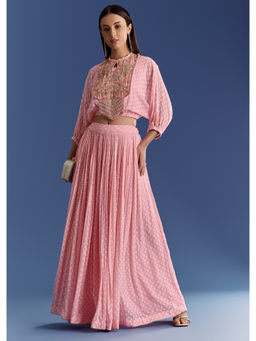 KALKI FASHION - Pink Floral Georgette Zardozi Crop Top with Inner & Lehenga