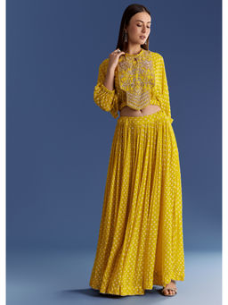 KALKI FASHION - Yellow Floral Georgette Zardozi Crop Top with Inner & Lehenga