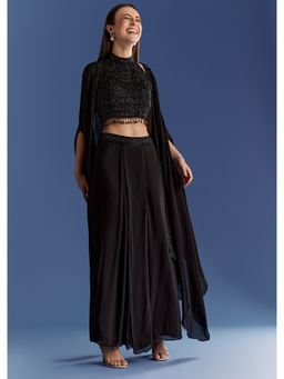 KALKI FASHION - Black Chinon Embroidered Crop Top & Skirt with Cape