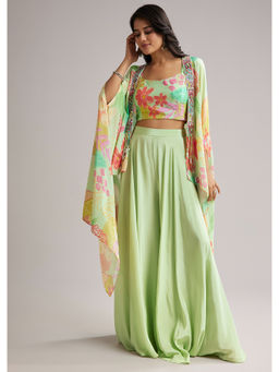 KALKI FASHION - Pista Green Floral Crop Top & Palazzo with Cape