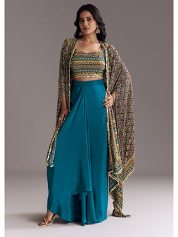 KALKI FASHION - Teal Printed Crop Top & Skirt with Ajrakh Cape
