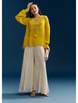 KALKI FASHION - Yellow Georgette Mirror Work Tunic with Inner & Palazzo
