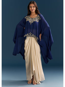 KALKI FASHION - Navy Blue Moti And Cut Dana Work Cape Top with Inner & Skirt
