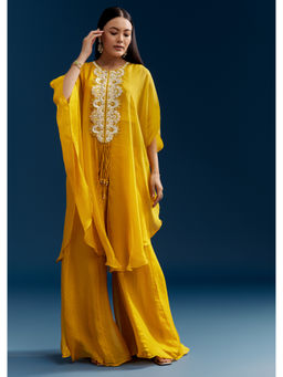 KALKI FASHION - Yellow Embroidery Crop Top & Palazzo with Cape