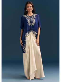KALKI FASHION - Navy Blue Embroidered Details Cape Top with Inner & Skirt