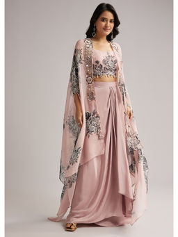 KALKI FASHION - Onion Pink Floral Crop Top with Cape & Skirt