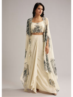 KALKI FASHION - Cream Floral Crop Top with Cape & Skirt