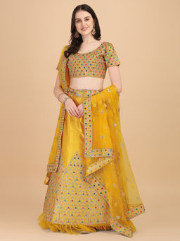 Amrutam Fab - Womens Partywear Yellow Satin Silk Work Lehenga Choli (Set of 3)