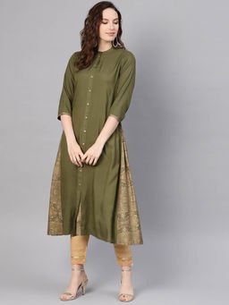 Juniper - Olive Ethnic Motif Printed Rayon A-Line Women Kurta