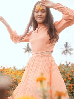 Zink London - Women Orange Solid Pleated Skirt