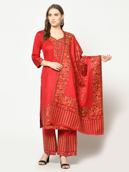 Safaa - Red Self Design Woollen Unstitched Dress Material (Set of 3)