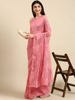 VAIRAGEE - Pink Embellished Sequined Georgette Celebrity Saree with Unstitched Blouse