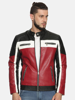 SHOWOFF - Black Casual Slim Colorblock Leather Jacket