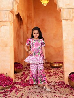 Lil Pitaara - Pink and White Pure Cotton Floral Detail Palazzo Set