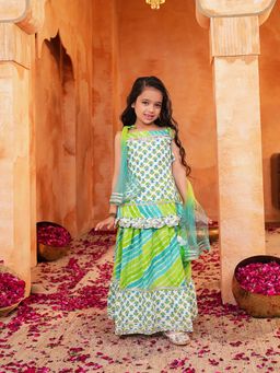 Lil Pitaara - Girls Green and White Printed Pure Cotton Lehenga Set