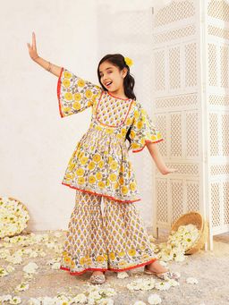 Lil Pitaara - Girls Yellow Pure Cotton Printed Sharara Set