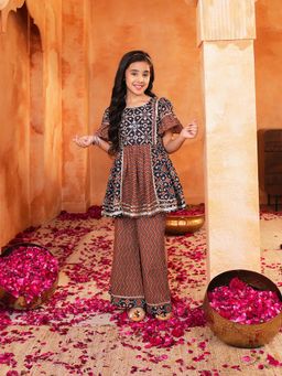 Lil Pitaara - Brown and Navy Pure Cotton Girls Palazzo Set